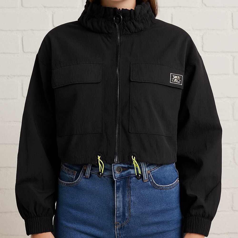 Stradivarius Street Feet Black Windbreaker Jacket‎ Women M Neon Drawcord Pockets
